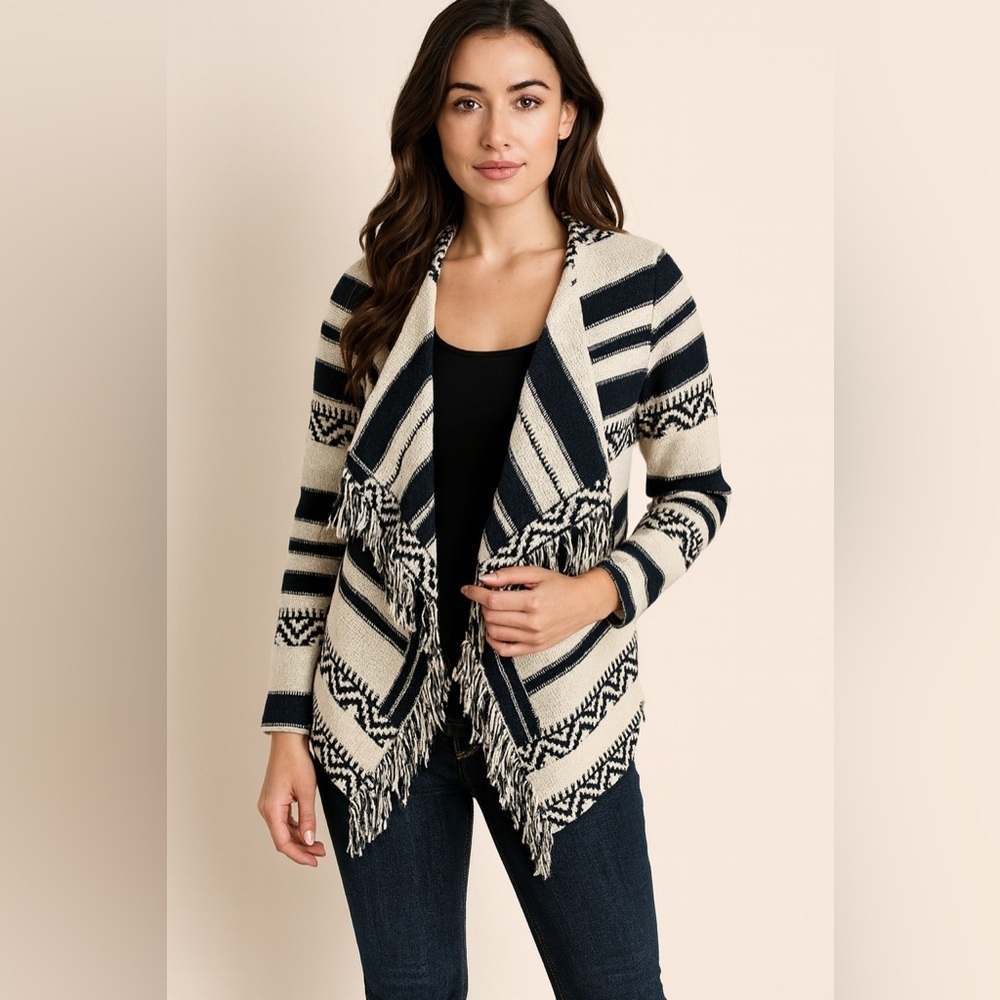 Bershka Fringe Waterfall Cardigan Black‎ White Open Front Sweater Size S